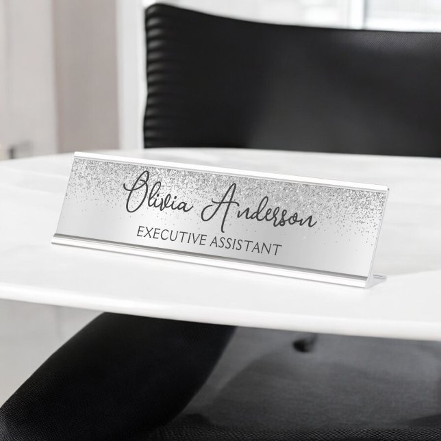 Silver Monogram Glitter Sparkle Girly Script Desk Name Plate (Creator Uploaded)