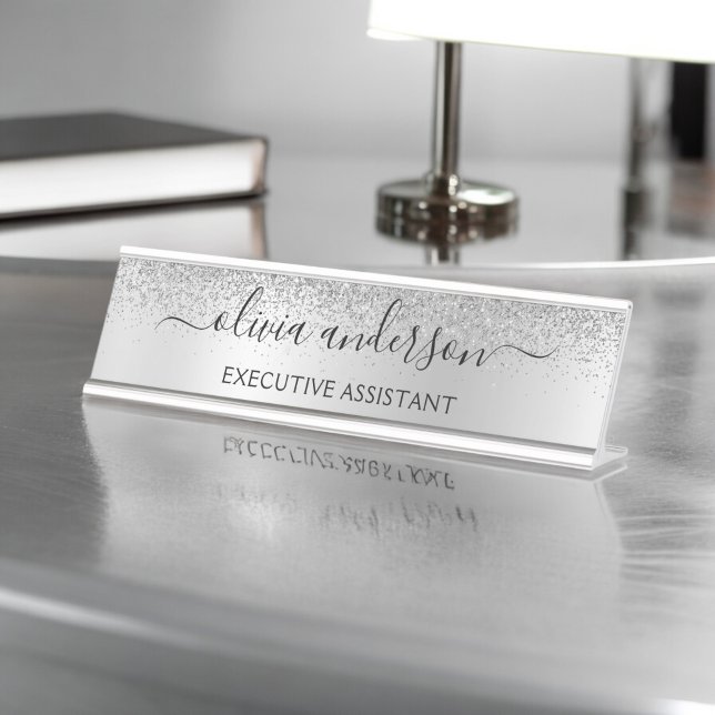 Silver Monogram Glitter Sparkle Girly Script Desk Name Plate (Creator Uploaded)