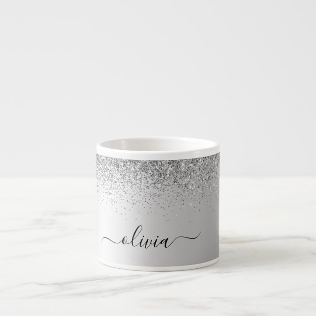 Silver Monogram Glitter Sparkle Girly Script Espresso Cup (Front)