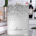 Silver Monogram Glitter Sparkle Girly Script Hip Flask<br><div class="desc">Silver Faux Foil Metallic Sparkle Glitter Brushed Metal Monogram Name and Initial Party Flask. This makes the perfect sweet 16 birthday,  wedding,  bridal shower,  anniversary,  baby shower or bachelorette party gift for someone that loves glam luxury and chic styles.</div>