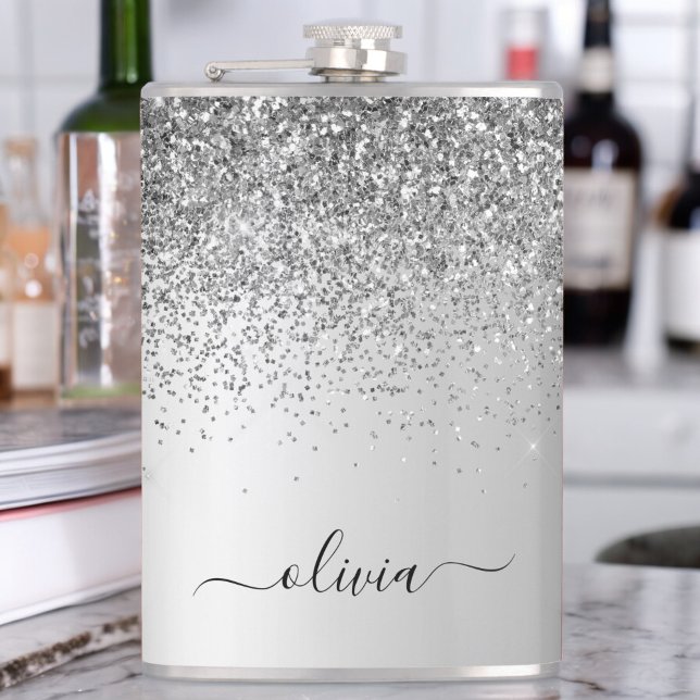 Silver Monogram Glitter Sparkle Girly Script Hip Flask (Creator Uploaded)