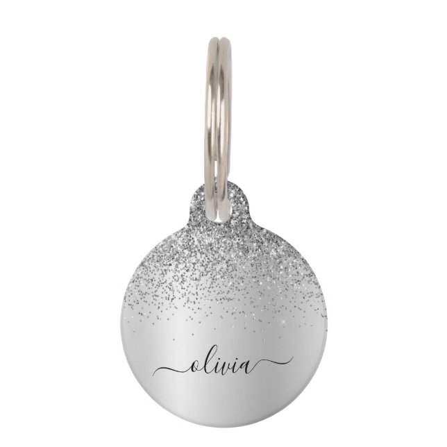 Silver Monogram Glitter Sparkle Girly Script Pet Tag (Front)