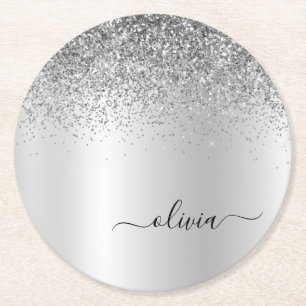 Silver Monogram Glitter Sparkle Girly Script Round Paper Coaster