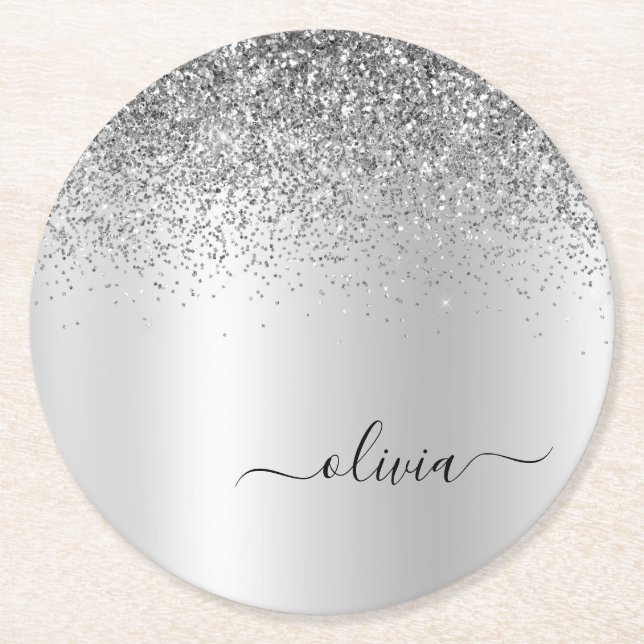 Silver Monogram Glitter Sparkle Girly Script Round Paper Coaster (Front)