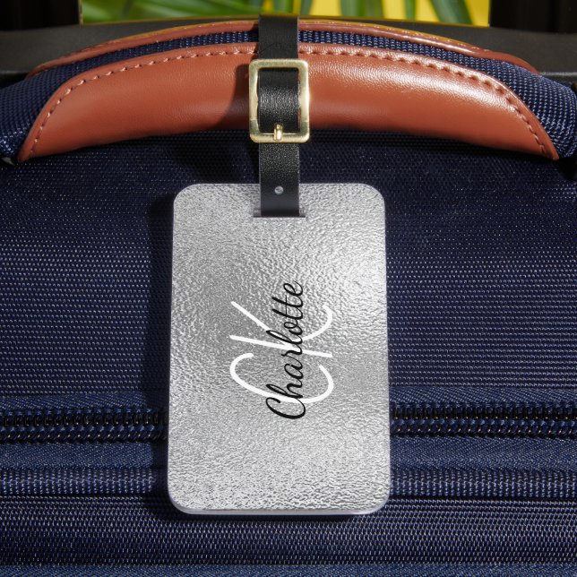 Silver monogram initials name script luggage tag (Front Insitu 2)