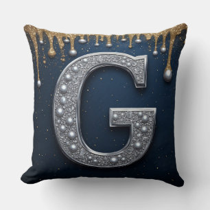 Silver Monogram Letter G Navy Gold Dripping Cushion