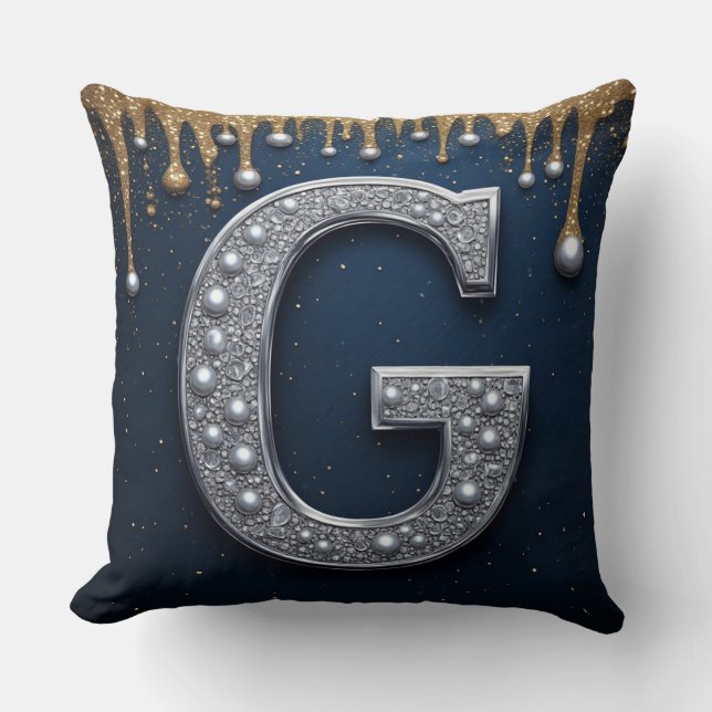 Silver Monogram Letter G Navy Gold Dripping Cushion (Front)
