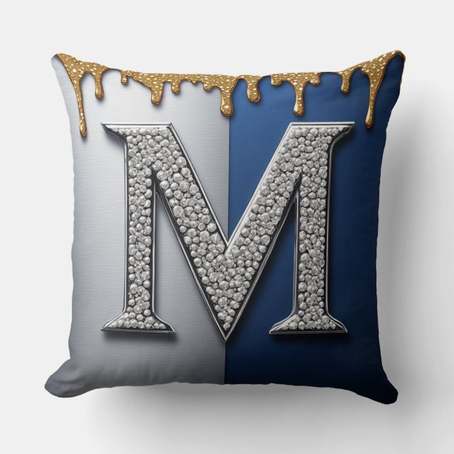 Silver Monogram Letter M Navy Gold Dripping Paint  Cushion (Front)