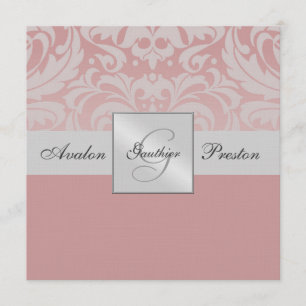 Silver Monogram Linen Damask Pink Invitation