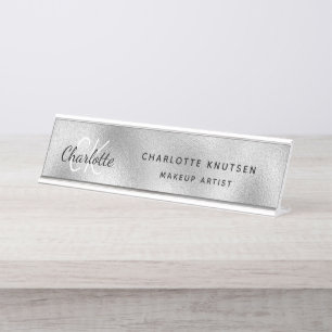 Silver monogram modern professional desk name plate