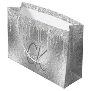 Silver monogram name modern elegant large gift bag