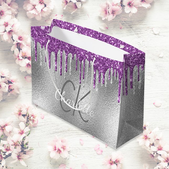 Silver monogram name modern elegant purple large gift bag (Creator Uploaded)