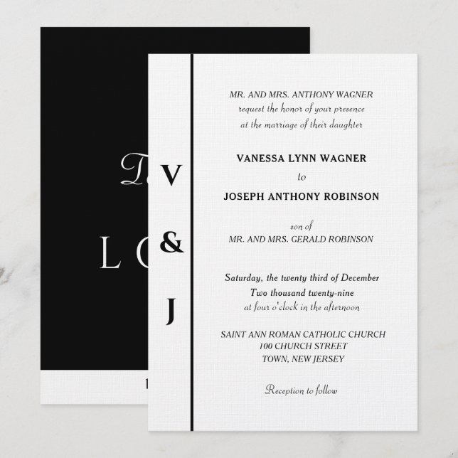 Silver Monogram White Black Wedding Invitation (Front/Back)