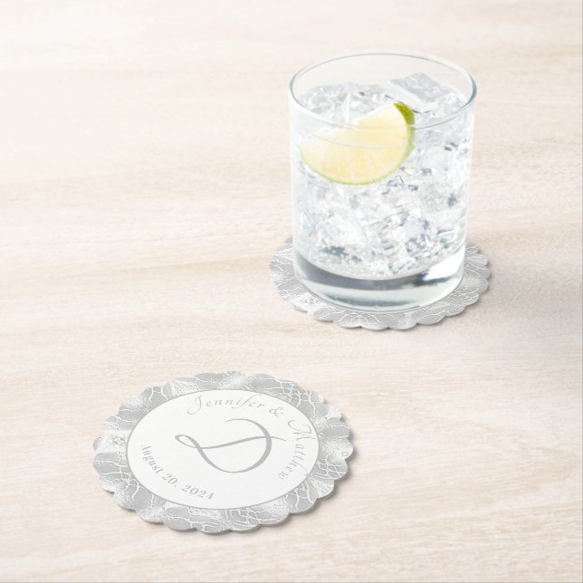 Silver Monogrammed Faux-Satin Paper Plate Coaster (Insitu)