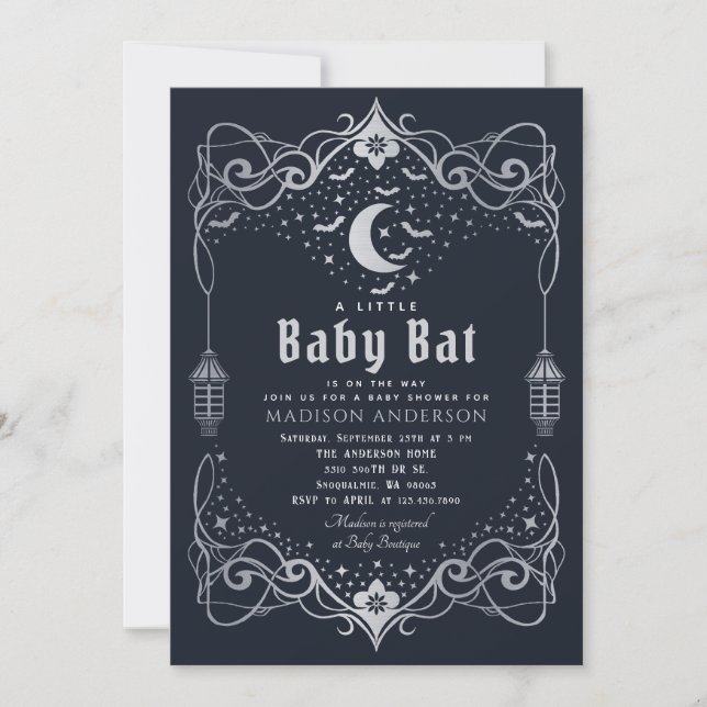 Silver Moon Gothic Baby Bat Lantern Baby Shower Invitation (Front)