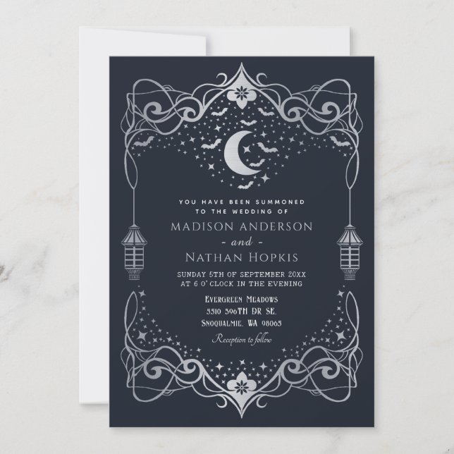 Silver Moon Gothic Bats Lantern Wedding  Invitation (Front)
