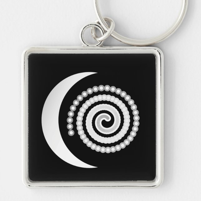 Silver Moon Spiral on black Key Ring (Front)