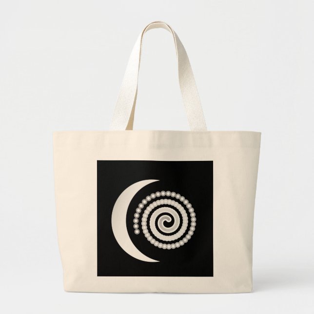 Silver Moon Spiral on black Large Tote Bag (Front)