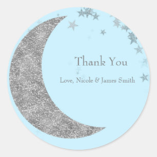 Silver Moon & Stars Baby Shower Blue Favour Classic Round Sticker