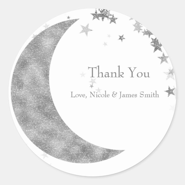 Silver Moon & Stars Baby Shower White Favour Classic Round Sticker (Front)