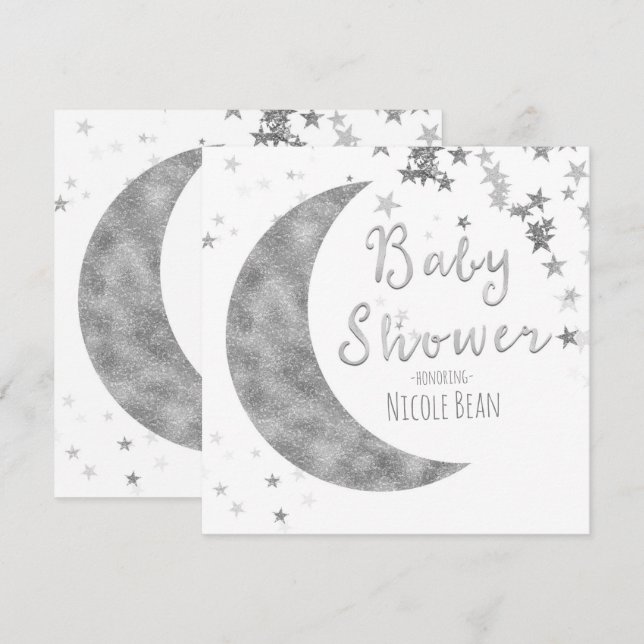 Silver Moon & Stars Baby Shower White Invitations (Front/Back)