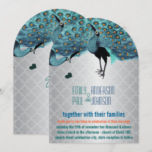 Silver Moroccan Tile Aqua & Coral Peacock Wedding Invitation
