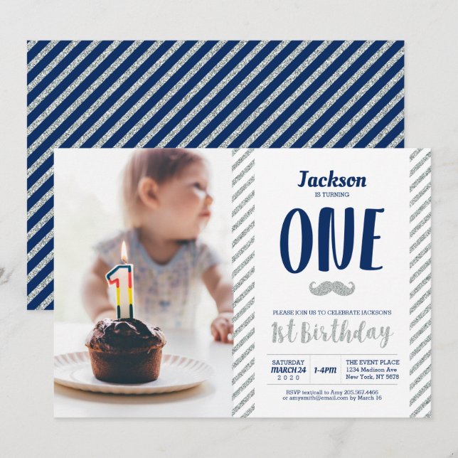 Silver, Moustache | Boy 1st Birthday Photo Invitation (Front/Back)