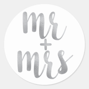 Silver Mr. & Mrs. stickers, foil font Classic Round Sticker