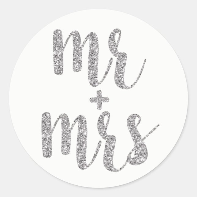 Silver Mr. & Mrs. stickers, glitter, round Classic Round Sticker (Front)