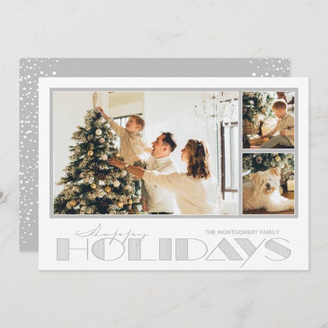 Silver Multiple Photo Happy Holiday Card (Front/Back)