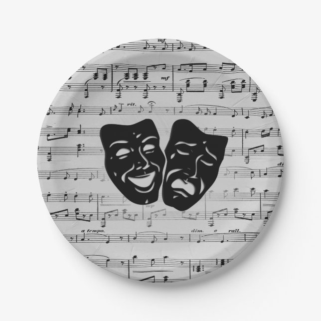 Silver Music and Theatre Masks Paper Plate (Front)