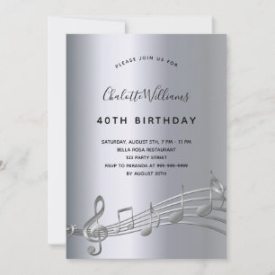 Silver music notes birthday invitation