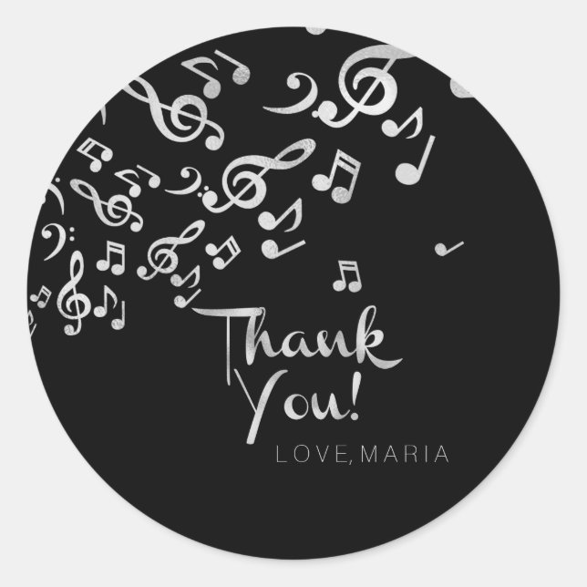 Silver Music Notes, Customised Thank You Classic Round Sticker (Front)