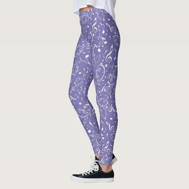 Silver Music Notes Floral On Purple Leggings (Left)