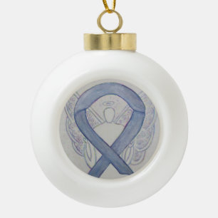 Silver Mystic Awareness Ribbon Guardian Angel Ceramic Ball Christmas Ornament
