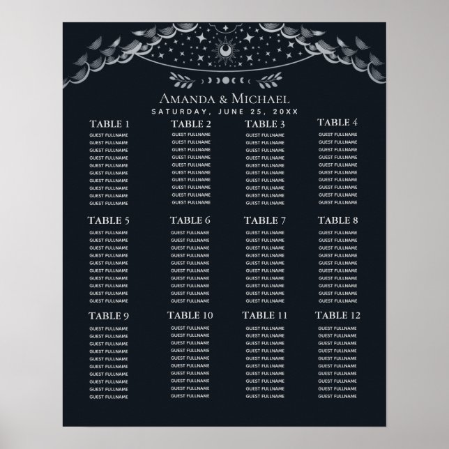 Silver Mystical Tarot Wedding Seating Chart (Front)