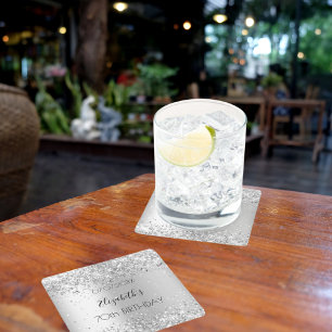 Silver name elegant birthday square paper coaster