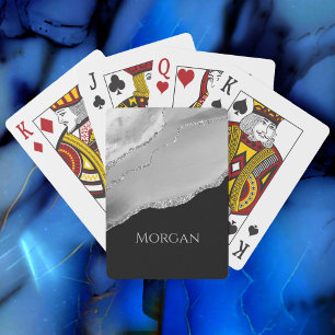 Silver Name, Glitter & Agate on Black Playing Cards