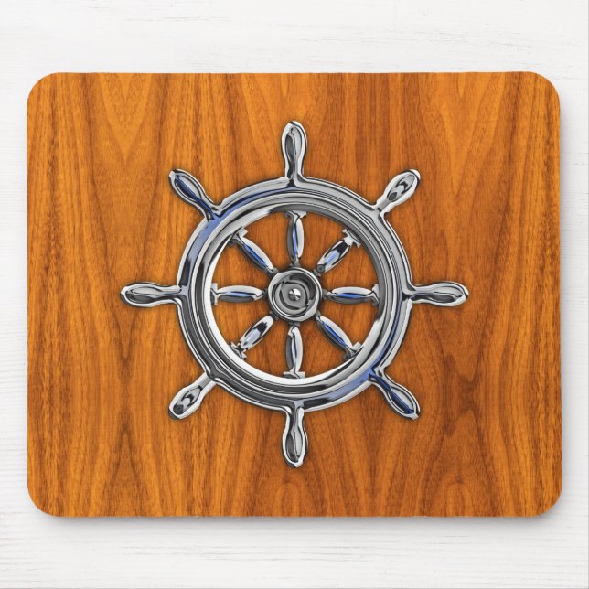 Silver Nautical Wheel on Teak Veneer Print Mouse Mat (Front)
