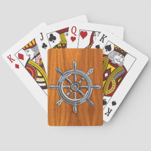 Silver Nautical Wheel on Teak Veneer Print Playing Cards