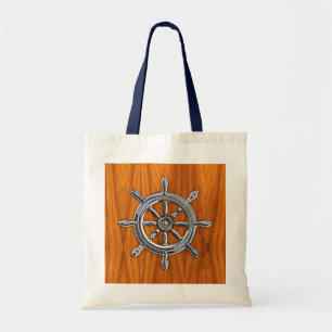 Silver Nautical Wheel on Teak Veneer Print Tote Bag
