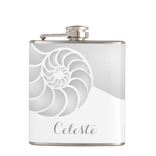 Silver Nautilus Shell with Custom Monogram Hip Flask (Front)