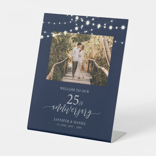 Silver & Navy 25th Wedding Anniversary Welcome Foa Pedestal Sign (Front)