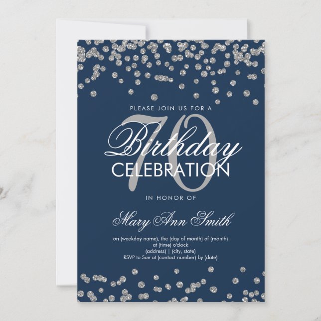 Silver Navy 70th Birthday Party Glitter Confetti Invitation (Front)