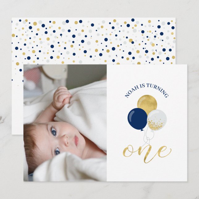 Silver & Navy Balloons | Boy 1st Birthday Party Invitation (Front/Back)