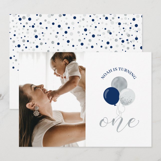 Silver & Navy Balloons | Boy 1st Birthday Party Invitation (Front/Back)