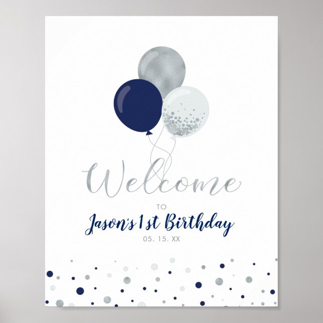 Silver & Navy Balloons | Boy 1st Birthday Welcome Poster (Front)