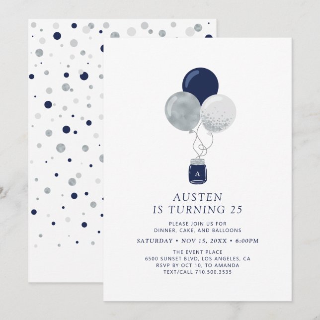 Silver & Navy Balloons Modern Adult Birthday Party Invitation (Front/Back)