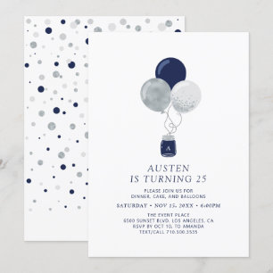Silver & Navy Balloons Modern Adult Birthday Party Invitation