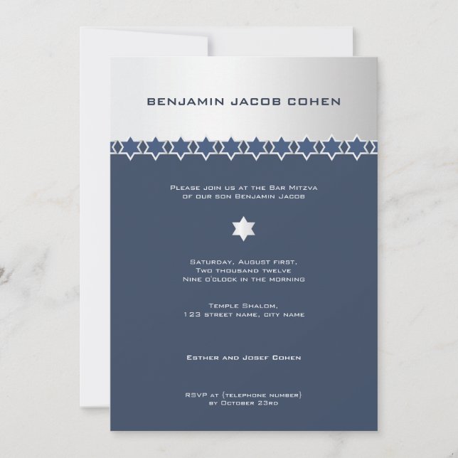 Silver & Navy - Bar Mitzvah Invitation (Front)